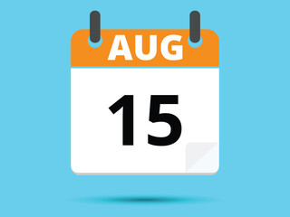 15 August. Flat icon calendar isolated on blue background. Vector illustration.