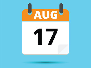 17 August. Flat icon calendar isolated on blue background. Vector illustration.