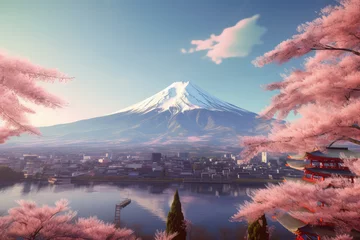 Fotobehang sakura tree and mountain fuji on background © Tidarat