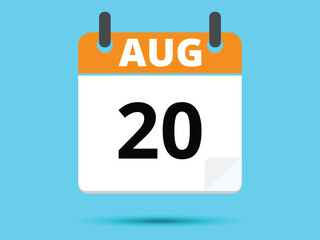 20 August. Flat icon calendar isolated on blue background. Vector illustration.