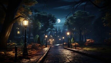 Fototapeta na wymiar Mysterious Halloween background with cobblestone street and full moon