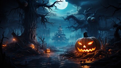 Halloween background with scary pumpkins in the dark forest at night