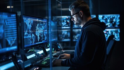 Obraz na płótnie Canvas Side view of hacker in eyeglasses using computer in server room