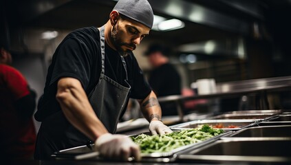 Chef preparing food in a commercial kitchen, restaurant or hotel kitchen