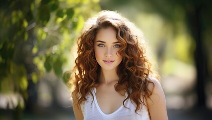 Closeup portrait of beautiful young woman with curly red hair, summer park outdoors