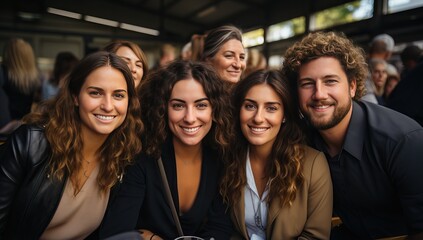 Obraz premium smiling business people sitting at coffee shop and looking at camera