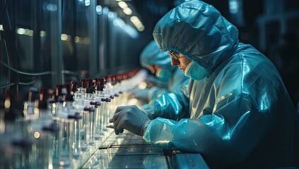 scientist in protective suit and glasses working with blood samples in laboratory