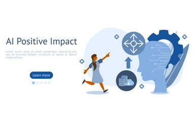 AI Impacts illustration. characters are looking at set Goals from data warehouse by AI. AI positive impacts concept. vector illustration.