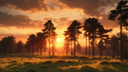 A beautiful view of forest with sunset