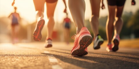 Group of people wearing runner shoes running on the road. Generative AI