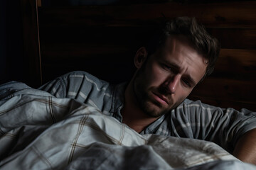portrait of handsome man in bed looking exhausted, ai generated