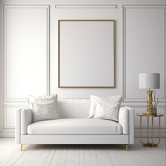 Minimalist Gold Accents Frame in Elegant All-White Living Room for Art Showcase with Bold, Graphic, and Modern Aesthetic