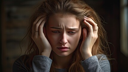 Portrait of young woman stressed and in pain due to migrain and cephalalgia