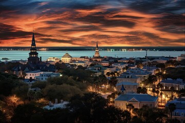 Naklejka premium South Carolina Skyline at Night in Charleston City. Beautiful City Landscape View of Charleston, SC, USA - Evening Cityscape