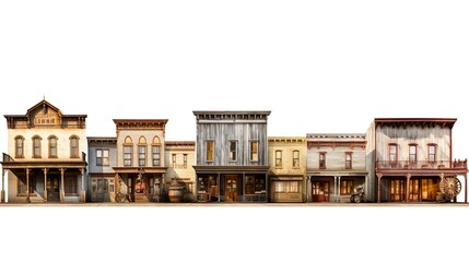 Rustic Western Town on Isolated White Background. Old Town with Various Businesses, Mortician and General Store. Adventure in Country-America. 3D Rendering - obrazy, fototapety, plakaty