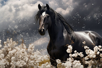 beautiful black horse standing in a field of white flowers, ai generated