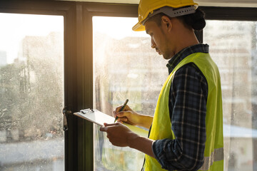 Asian inspector checking structure of new property and taking note in the clipboard for review and...