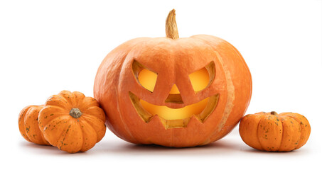 halloween pumpkin head with burning candles isolated on white background. jack o lantern