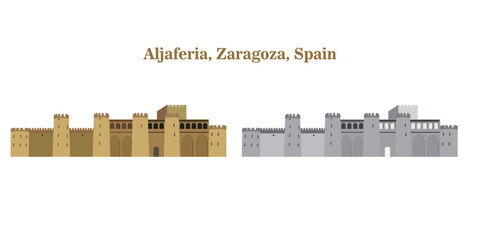 Aljaferia, Zaragoza, Spain, in earth tones, black and white and silhouette on white background.Tourism concept