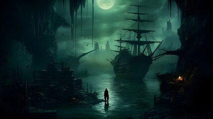 scary halloween background with a old sailing boat, generative ai 