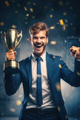 Businessman holding the trophy of success. Generative AI