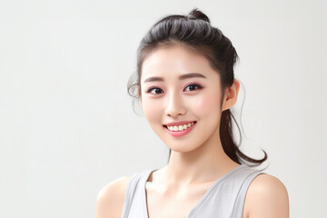 Girl with pigtails and bun hairstyle on a smoke grey background. Beautiful young woman with braided hair on grey background. Generative AI.