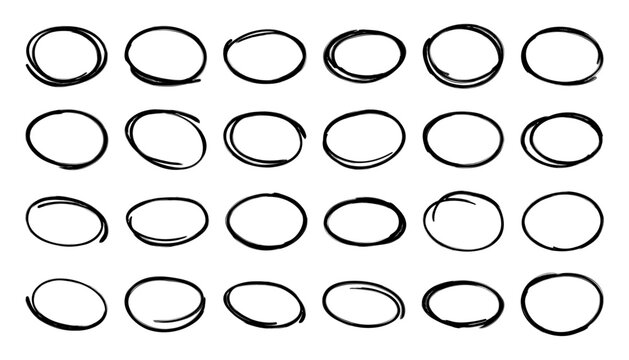 Set of hand drawn oval doodles. Various simple sketch ellipse frame collection, line logo design elements, marker highlights. Scribble vector illustration isolated on transparent background