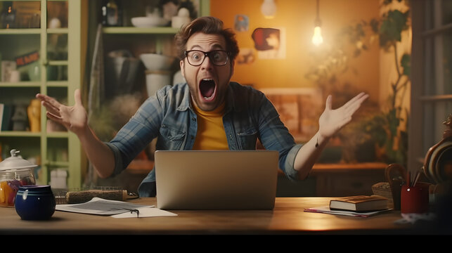 A man completely freaks out in front of his laptop with insane joy and speechlessness, generative ai 