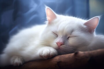 white cute cat sleeps calmly resting inside
