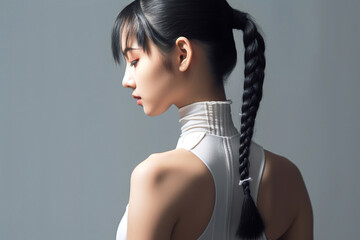 A cute and healthy Asian girl, viewed from behind, highlights her ponytail and bun hairstyle on a solid gray background. Generative AI.