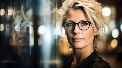 A Beautiful Mature blonde Woman in an Eyeglasses Shop.The metal frame has a contemporary design.