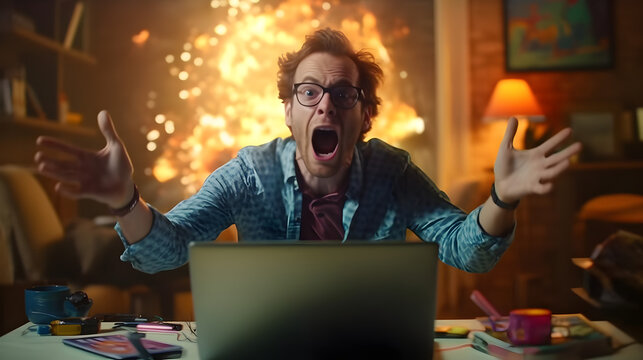 A man completely freaks out in front of his laptop with insane joy and speechlessness, generative ai 