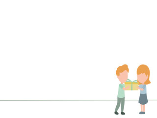 simple graphic design about boys give gifts to girls concept, children's friendship, special surprise, one line vector illustration for presentation.