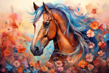 beautiful horse in a field of flowers, aquarelle style, ai generated