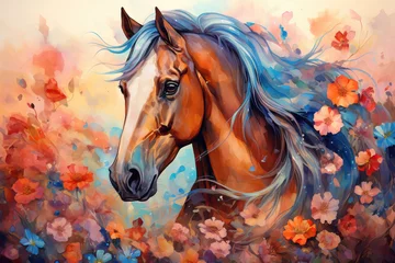 Wandaufkleber beautiful horse in a field of flowers, aquarelle style, ai generated © wernerimages