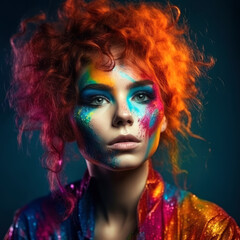Obraz premium Colorful artistic portrait of a young beautiful woman closeup, multicolored hairstyle, makeup and face art