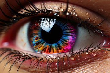 Female eye with bright and colorful makeup with eye shadow, mascara and contact lenses close-up