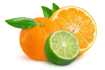 Tangerine, orange and lime on an isolated white background. Whole and slices