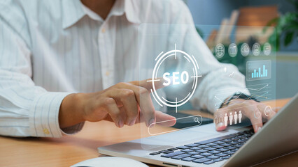 Business online presence SEO training and communication with optimization marketing strategy and analytics of worker. Web development and SEO for top search engine rankings