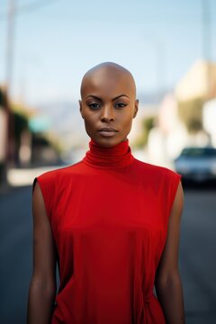 Black Woman With Shaved Head And Red Top Standing In A Street, Portrait, Street Photography