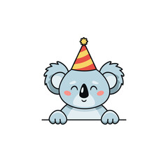 Cute koala is wearing a party hat. Vector flat illustration in cartoon style at birthday or other celebrations.