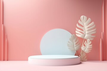 Abstract minimal scene with geometric forms. cylinder podium display or showcase mockup for product in pink background with paper leaves.