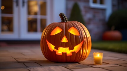 Close up of a carved and glowing Pumpkin in front of a blurred House. Scary Halloween Backdrop.