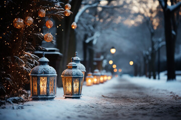 Snowy backyard decorated with luminous garlands, balls and lanterns for christmas, preparations for new year