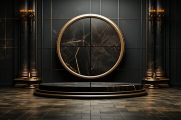 3D rendering of luxury abstract background. Podium for show product with black and golden stones. minimal design with a combination of geometric shapes, creating a perfect platform