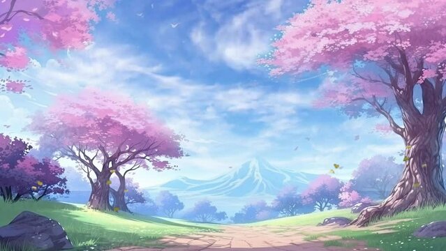 Beautiful fantasy spring nature landscape and cherry blossom tree animated background in Japanese anime watercolor painting illustration style. seamless looping video animated background