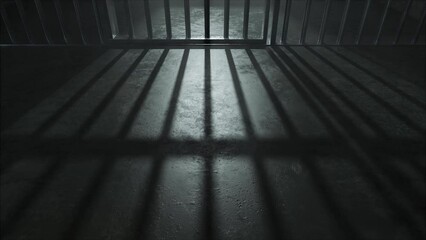 A slow camera pan closeup showing a dimly lit concrete floor of a prison cell and the cast shadows of the jail cell door slamming shut - Powered by Adobe