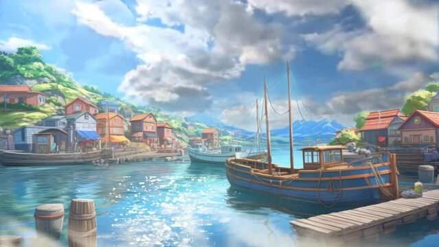 panorama view of the old town. anime or cartoon style. seamless looping time-lapse virtual video animation background.