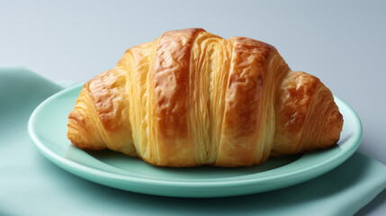 Croissant lying on a turquoise plate on a light turquoise background. 