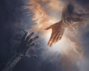 Hand of God reaches hand of man - 644532027